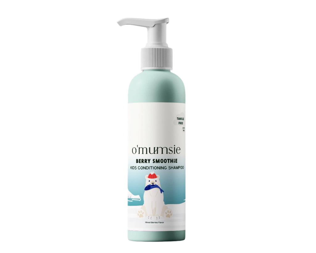 Bottle of 'omumsie' berry smoothie kids conditioning shampoo on a neutral background
